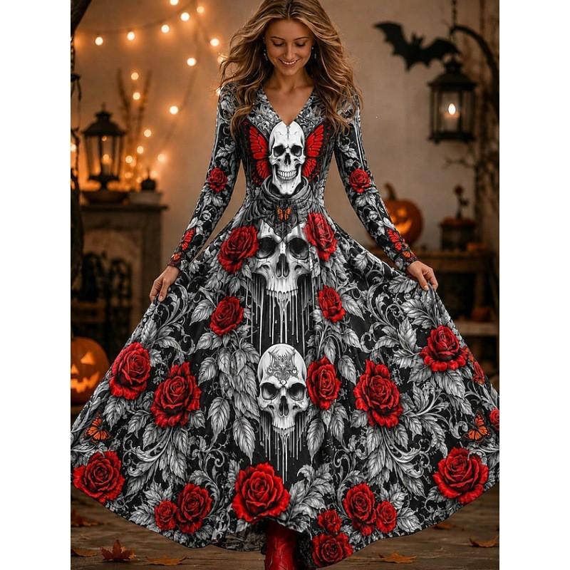 Halloween Long A-Line Dress Vintage Bohemian Style Skull Print V-Neck Full Sleeve Party Wear