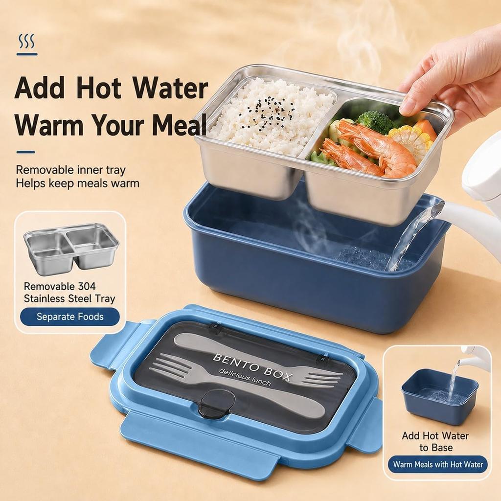 Stainless Steel Bento Lunch Box with Utensils, 2 Compartment Leak Resistant Food Container, Portable Meal Prep Box with Locking Lid for Work Picnic