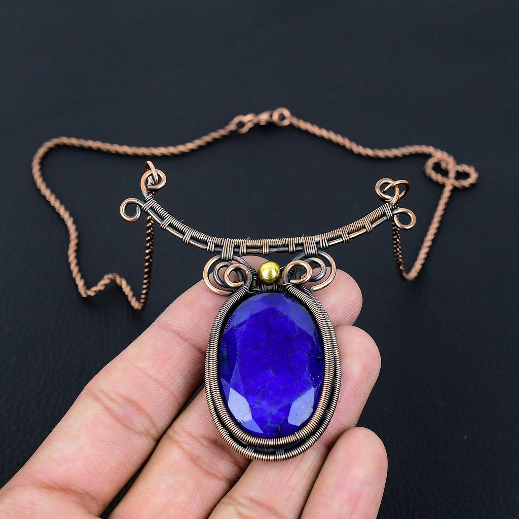 Lab Created Sapphire Gemstone Pure Copper Wire Wrapped Handmade Jewelry Necklace For Gift