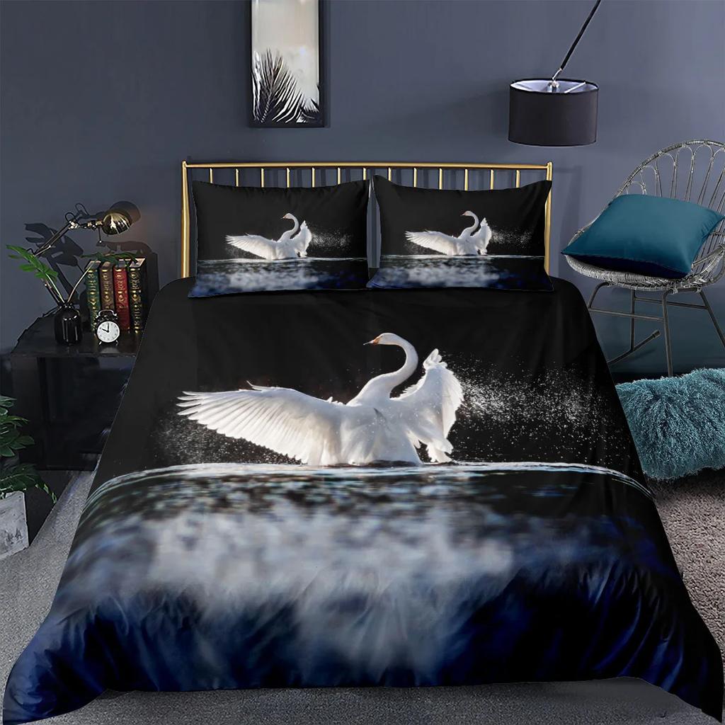Swan Duvet Cover Set White Swan Lake Comforter Cover Twin Ocean White Swan Polyester Bedding Set For Couple Valentine's Day Gift