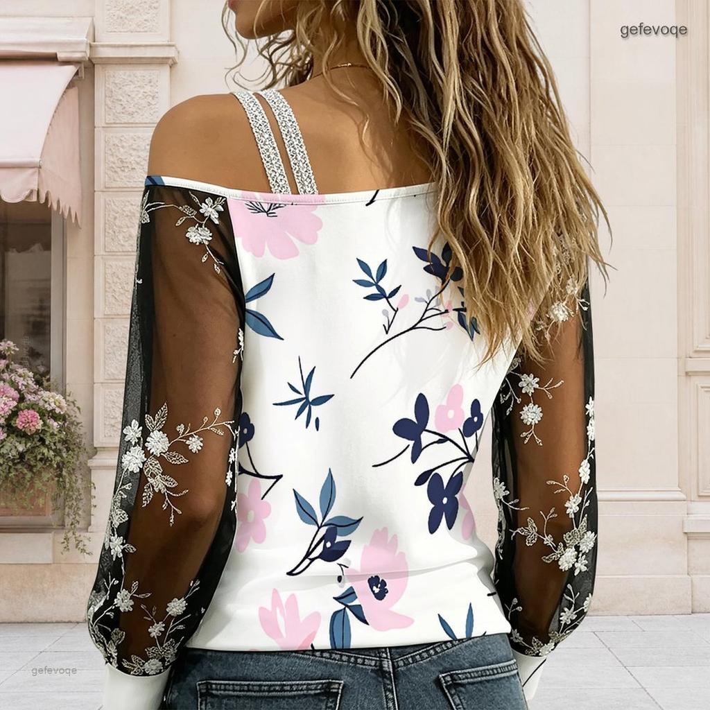 Plus Size Women Diagonal Shoulder Long Sleeve Top Tropical Hibiscus Butterfly Print Mesh Lace Splicing Blouse