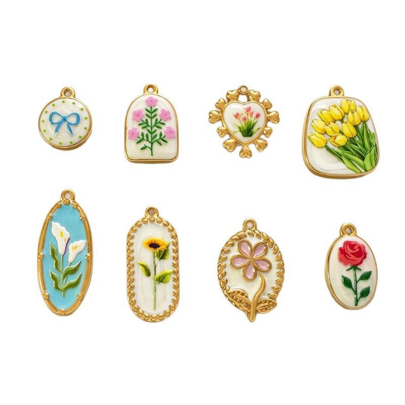 5/8Pcs Vintage Flower Enamel Charm Pendant Stainless Steel Drop Oil Floral Beads For Diy Necklace Bracelet Jewelry Making