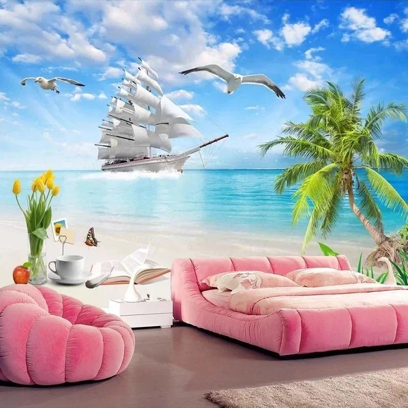 Настенные обои 3D Морской пейзаж Кокосовая пальма Фотообои Настенная живопись Гостиная Спальня Обои для отеля