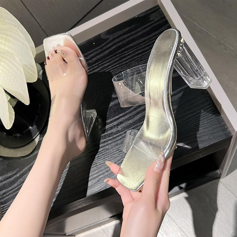 High-heeled Large-size Sandals for Women's 2025 Summer Outer Wear Thick-heeled Transparent One-word Slippers Crystal-heeled Semi-cool Slippers