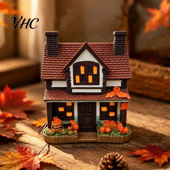 Fall Autumn Night Light Vintage Light-Up Pumpkins Cottage, Halloween Lighted Manor Figurine, Decor Indoor, Small Nook Spooky Table Decoration, Village