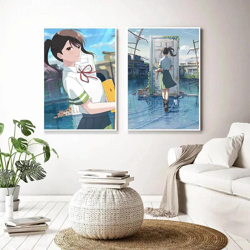 Canvas Painting Anime Girl Suzume No Tojimari Poster Aesthetics Wall Art Mural Cartoon Manga Cover Room Decor