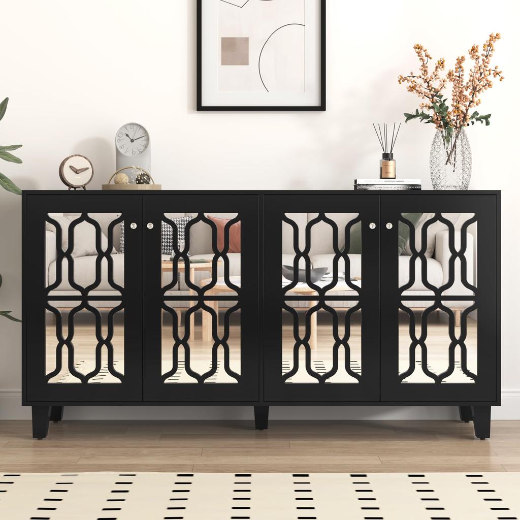 Sideboard Kommode verspiegelte, Anrichte mit 4 Türen, Moderne Beistellschrank Mehrzweckschrank mit verstellbarem Regal