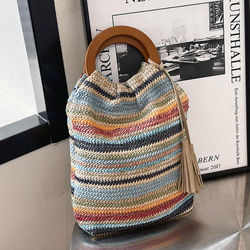 Hollow Out Rainbow Woven Handbag Bohemian Style Underarm Bag Simple Summer Bucket Bag  Holiday