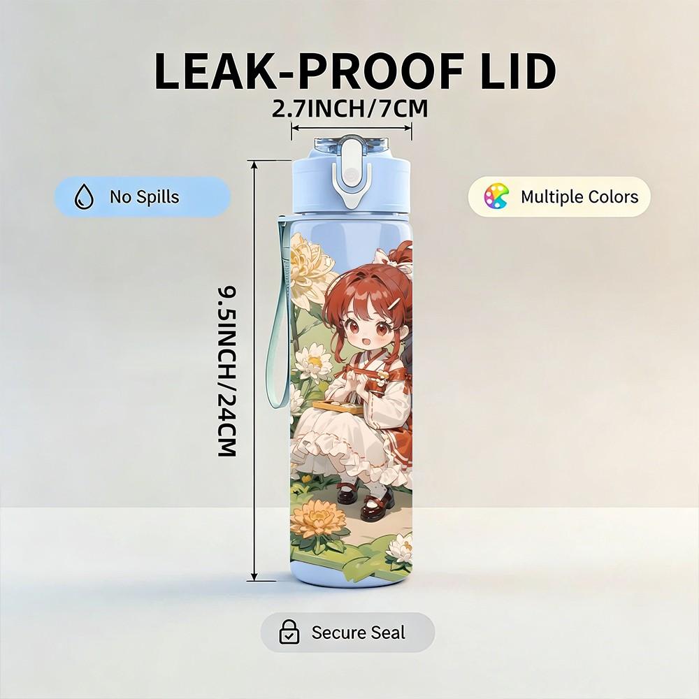 1PC Red Hair Girl Garden Floral Pattern 750ml Color Plastic Sports Water Bottle Leakproof Flip Straw Lid Suitable for Sports Office Home Use