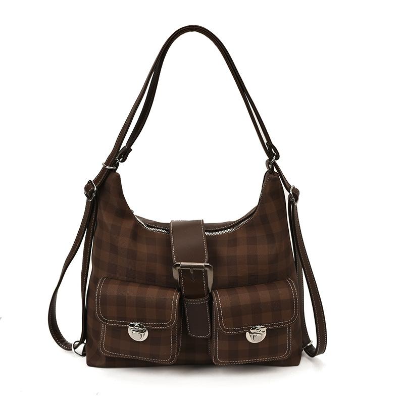 Vintage plaid tote bag large capacity locomotive style casual double shoulder shoulder bag fashion belt design underarm women's bag