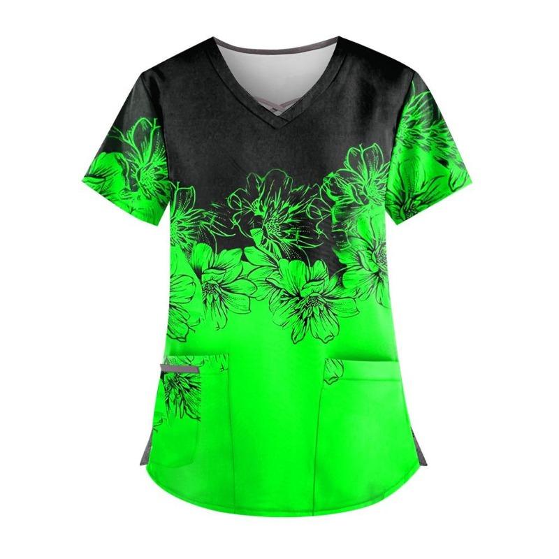 Plus Size Flower Printed Scrub Working Uniform Tops for Women Cross V-Neck Short Sleeve Fun T-Shirts Workwear Tee with Pockets