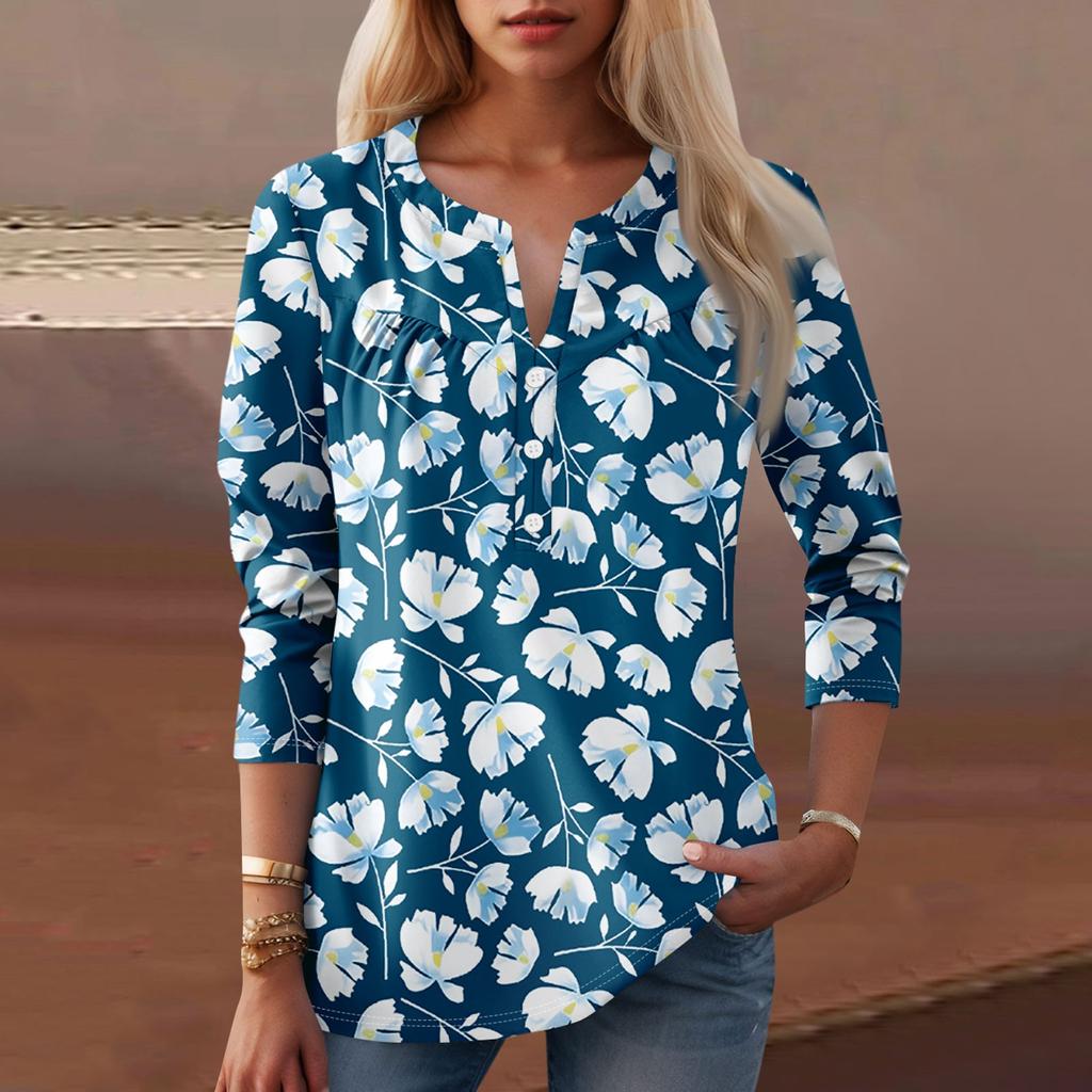 Женская мода повседневный топ с длинным рукавом и круглым вырезом с цветочным принтом