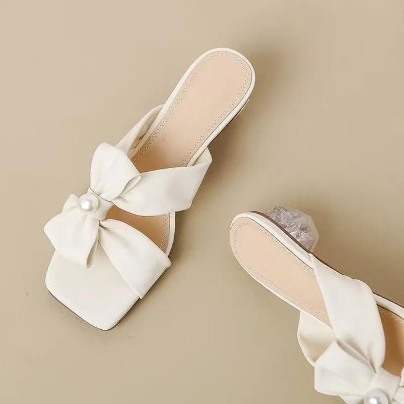 Fashion Square Toe Women Slippers Bow Heeled Sandals Loafers Shoes Woman 2025 Fashion Summer Shallow Dress Comfort Soft Leather Slides