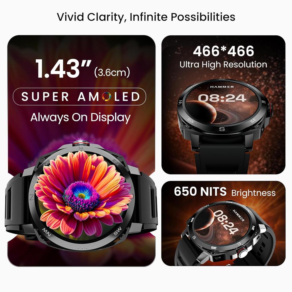 Hammer Fit Pro 1.43" Super AMOLED дисплей Смарт-часы Круглый циферблат с Bluetooth-звонками, металлический корпус, Always On Display, несколько спортивных режимов (черный)