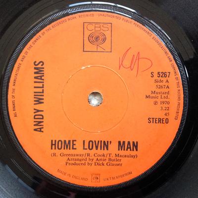 7-дюймовая пластинка ЭНДИ УИЛЬЯМС - Home Lovin' Man S5267 CBS 1970 UK Поп Б/у
