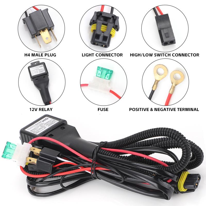 2sets Car 1 lead 2 Lamp H4 HID Bi-LED Relay Harness Wire High Low Projector Lens Cables Headlight Control Connector Wires 12V