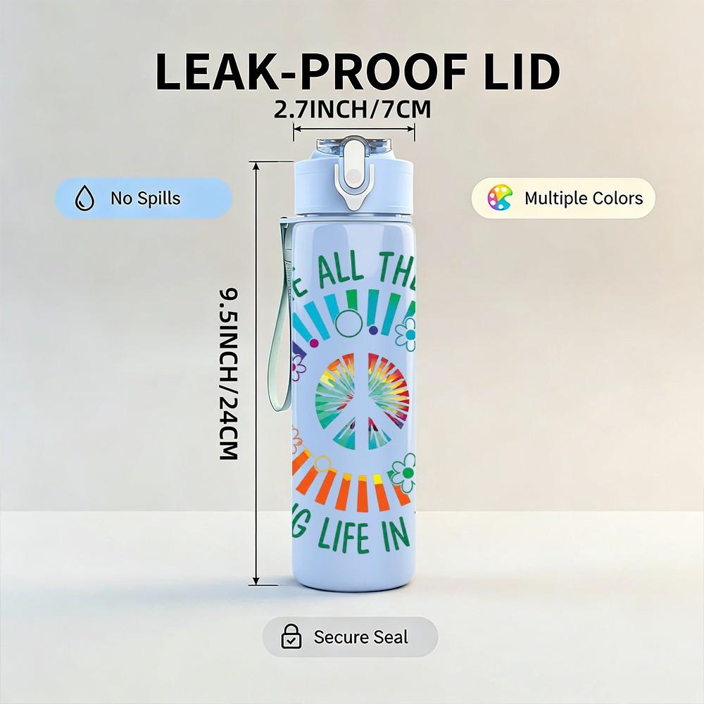 1PC Imagine All The World Peace Rainbow Print 750ml Color Plastic Sports Water Bottle Leakproof Flip Straw Lid Suitable for Sports Office Home Use