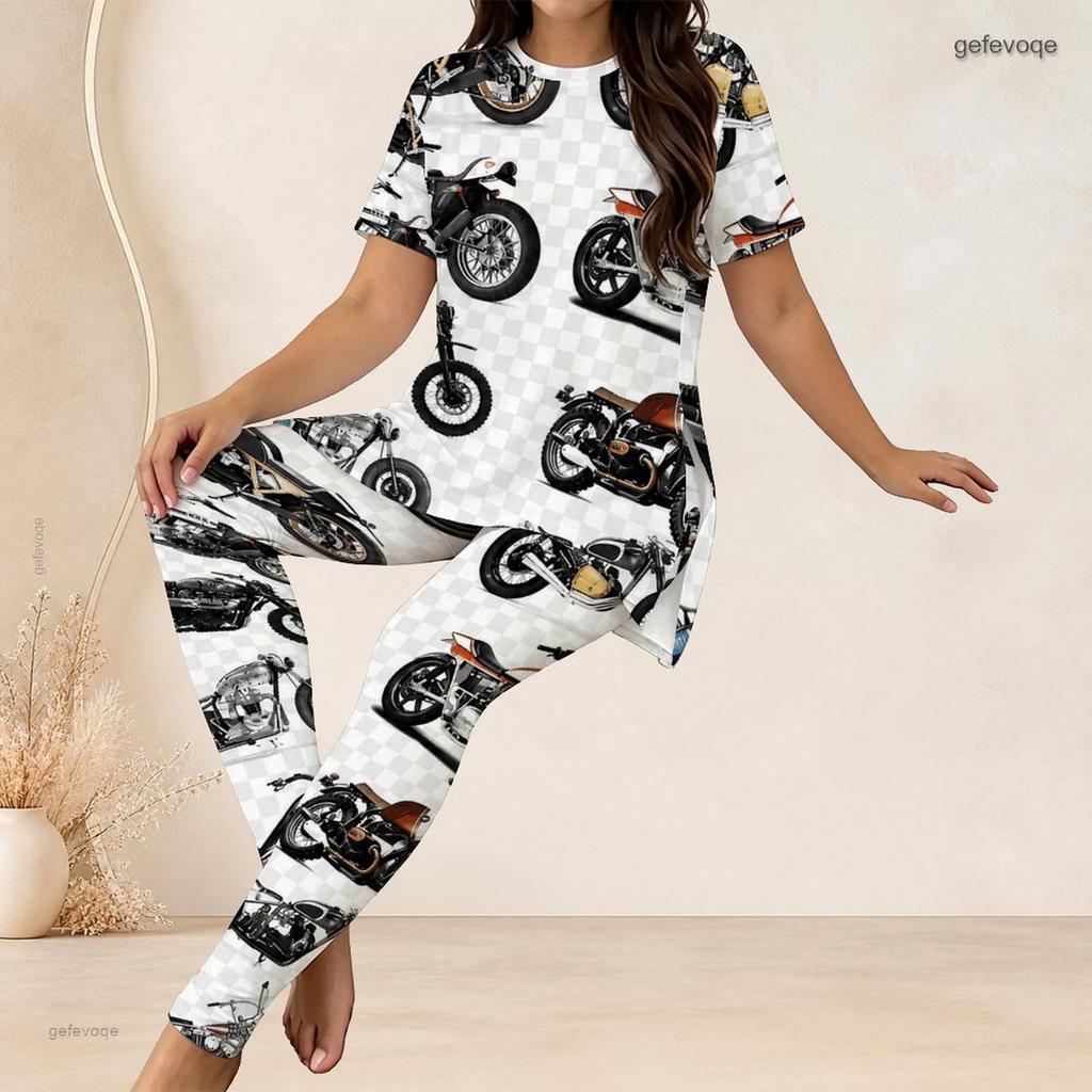 Women Plus Size Two Piece Set Round Neck Short Sleeve Red Printed Longline Top Fitted Long Pants