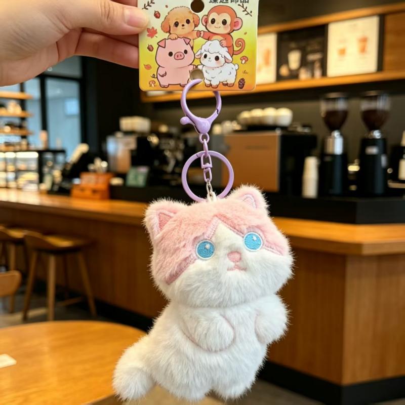 Soft Cartoon Plush Cat Keychain Fluffy Adorable Pendant Mini Backpack Purse Decor Ideal Birthday Gift for Girls