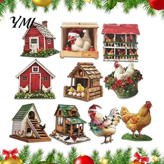 Unique Farmhouse Holiday Ornaments 10/20/30Pcs 2D Flat Chicken Wooden Hanging Ornament, Rooster Hen Coop Barn Decorative Wood Gift Tags Farm Pendants