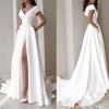 V-neck Party Dress White High Waist Side Split Floor-Length Dress With Pockets for Banquet