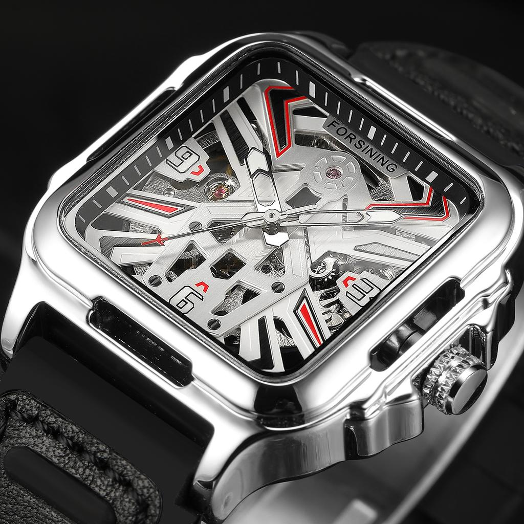 Luxury Square Transparent Skeleton Mens Watches Field Sports Rubber Band Mechanical Watch Luminous Waterproof Reloj Hombre 2024