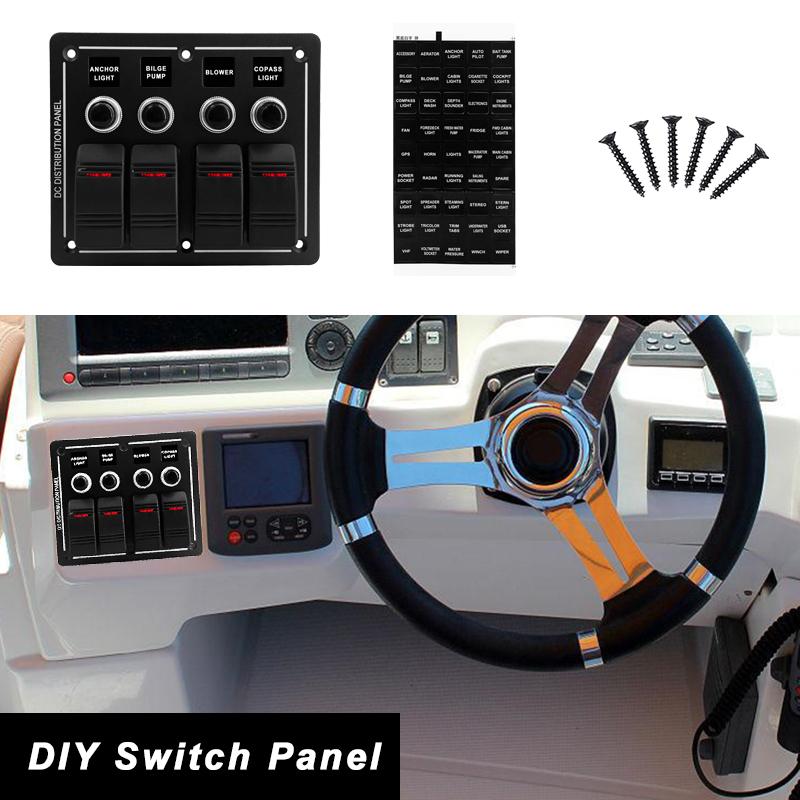 12V Red Led 4 Gang Mount Aluminum Marine Boat Rocker Switch Panel With 15A Breakers Waterproof DIY Sticker DC Distribution Panel