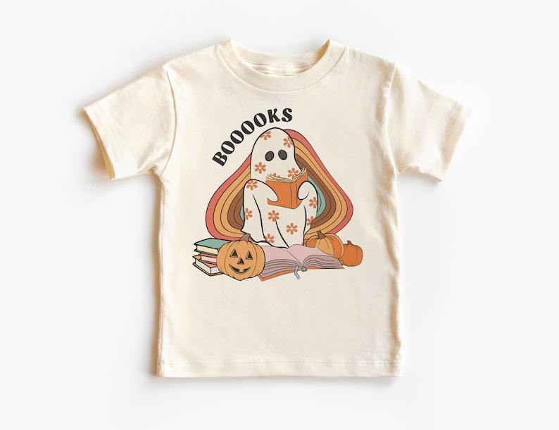 Retro Booooks Ghost Kids Shirt - Cute Reading Ghost Tee - Read More Books - Cute Halloween Costume - Toddler & Youth Boho Natural T-Shirt
