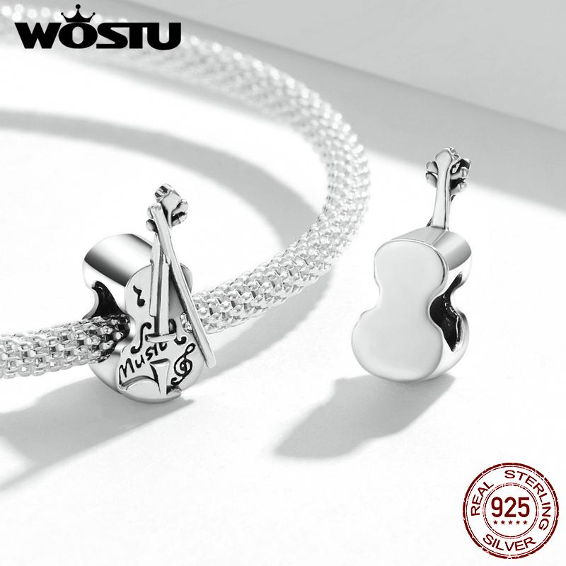 WOSTU 925 Sterling Silver Vintage Violin Charm Bead Pendant Fit Original 3mm Bracelet Women Jewelry