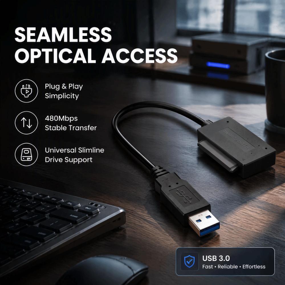 USB 2.0 Slimline SATA Adapter 5Gbps Speed Optical Drive Adapter Compact USB to SATA Cable Laptop