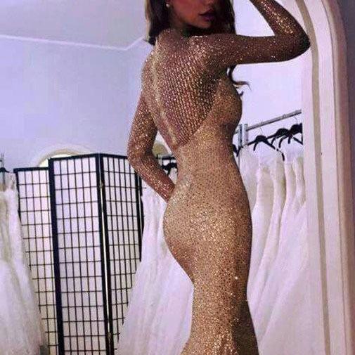 Зима 2025 года, новое женское длинное платье с длинным рукавом, облегающее платье с золотистым эффектом, платье-рыбий хвост