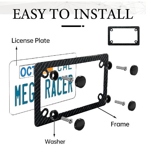 Carbon Fiber Motorcycle License Plate Frame - ATV UTV Scooter Moped Tag Frames Holder, 4 Holes Stainless Steel Rust Proof License Plate Frame for