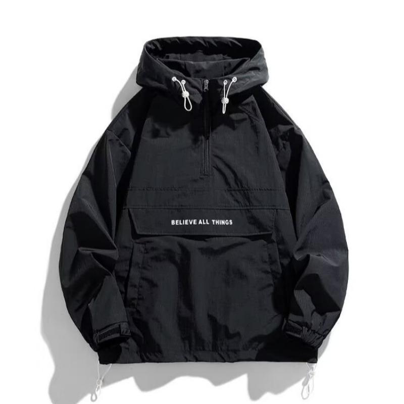 Men Hooded Half Zip Loose Workwear Jacket Spring Autumn
