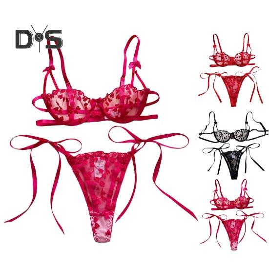 Комплект нижнего белья из 2 предметов: бюстгальтер и трусики, прозрачный, кружевной, с вышивкой в виде сердца, однотонный, с регулируемым ремешком, тонкий, мягкий, с высокой талией, для первой брачной ночи или медового месяца