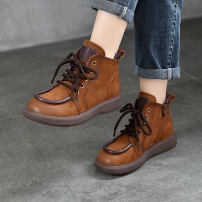 Короткие ботинки в стиле ретро с плоским дном и круглым носком из натуральной кожи с боковой молнией для женщин