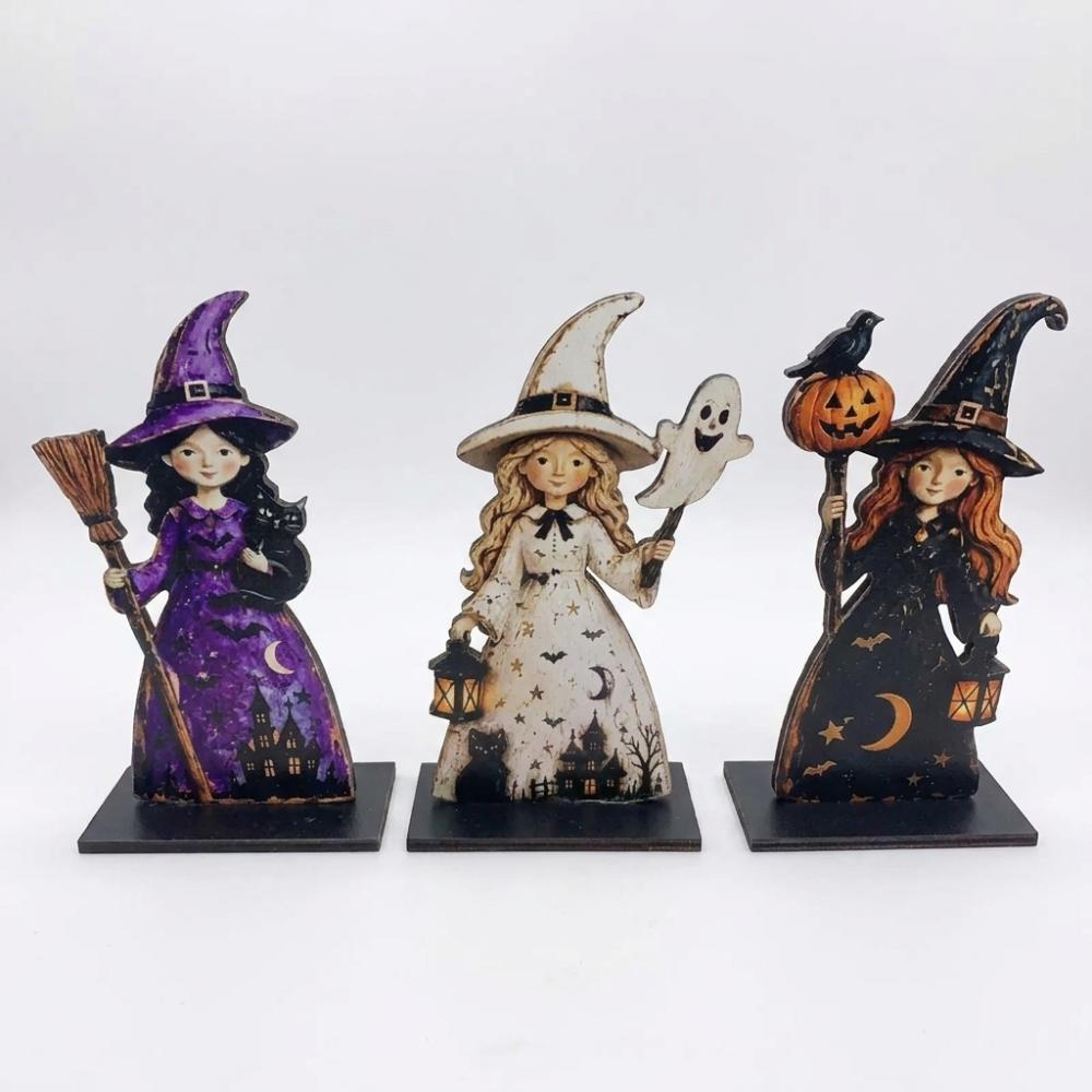 3Pcs Vintage Finish Witch Ghost Tabletop Ornament Stable Base Dog Halloween Figurine Autumn Harvest