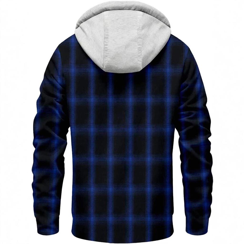 Men's Striped Plaid Casual Loose Button Lapel Long Sleeve Hooded Cardigan Shirt Jacket