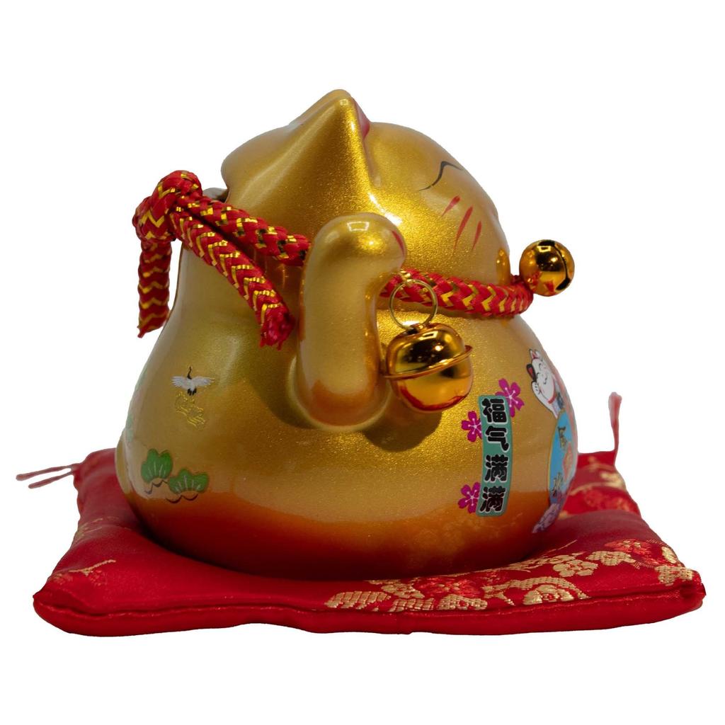 Ceramic Money Cat Bank – Gold on Cushion