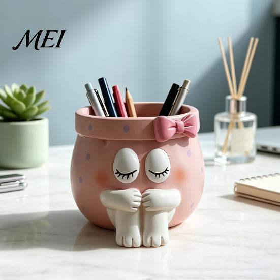 Unique Birthday Gifts for Girls Cute Cartoon Girl Pen Holder, Resin Makeup Brush Decorative Desktop Creative Stationery Holder Organizer with