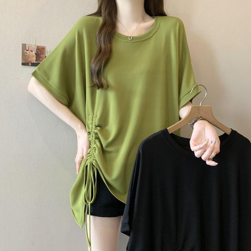 Round Neck Loose Batwing Sleeve T-Shirt with Adjustable Side Drawstring Ruched Detail