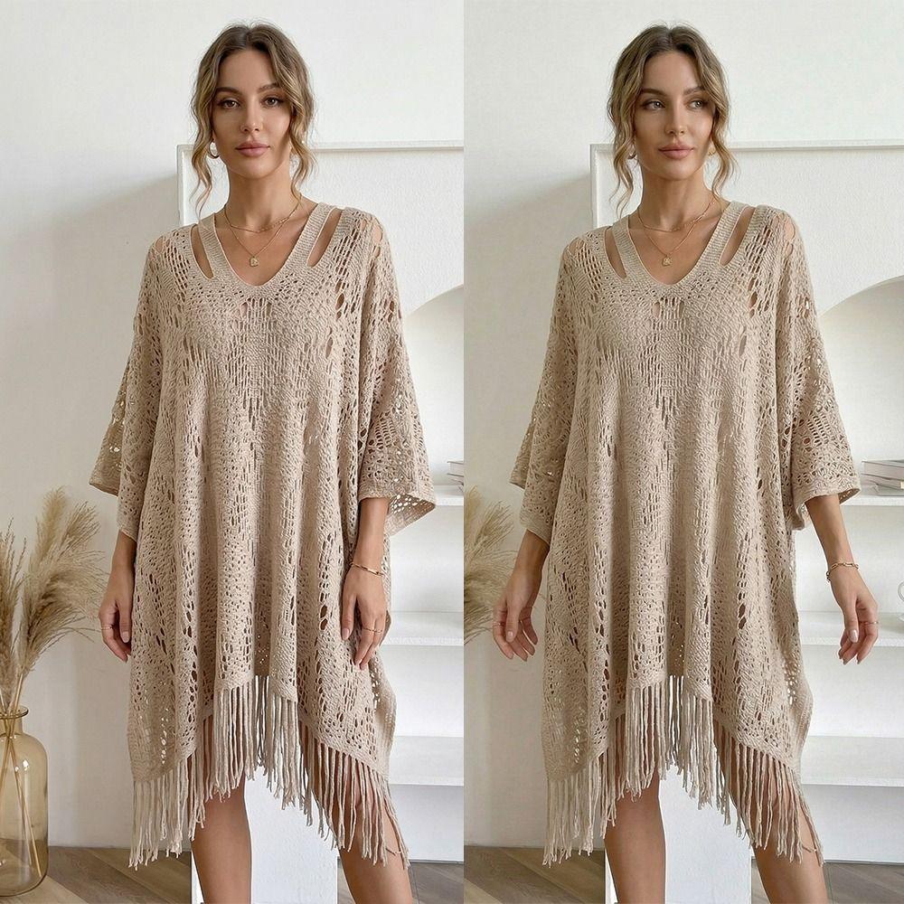 Tassels Bohemian Shawl Plus Size Summer Beach Cloak Solid Color Knit Hollow Out Top Streetwear