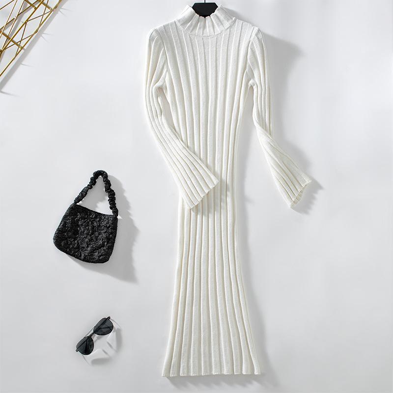Женское повседневное ребристое трикотажное платье с длинным рукавом и воротником-стойкой, облегающее осеннее элегантное платье-свитер с высоким воротом, однотонное трикотажное платье миди для женщин
