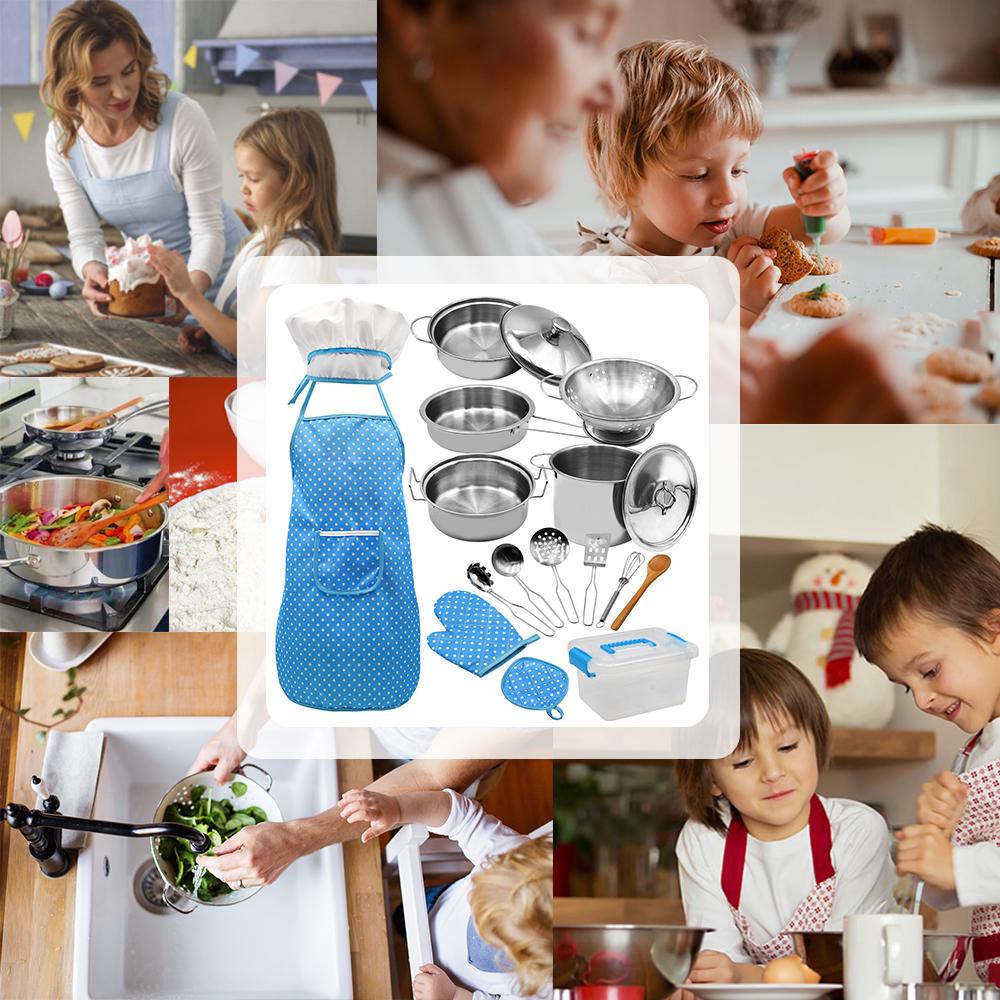 Kids Cooking and Baking Set 18 PCS with Chef Hat Apron Oven Mitt Pan Soup Pot Spoon Shovel Kitchen