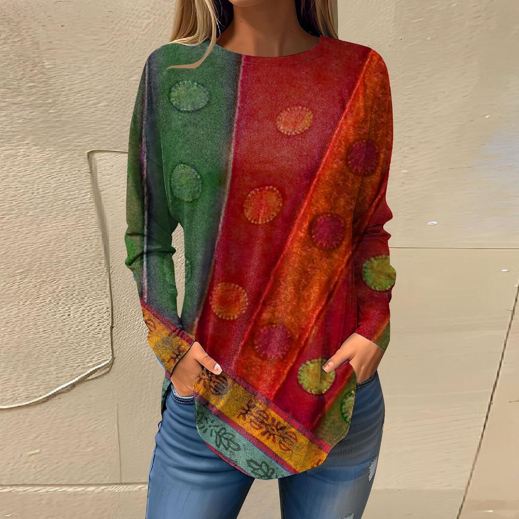 Tee Shirts For Women Fall Casual Long Sleeve Shirts Sweatshirt Retro Printing Top Pullover