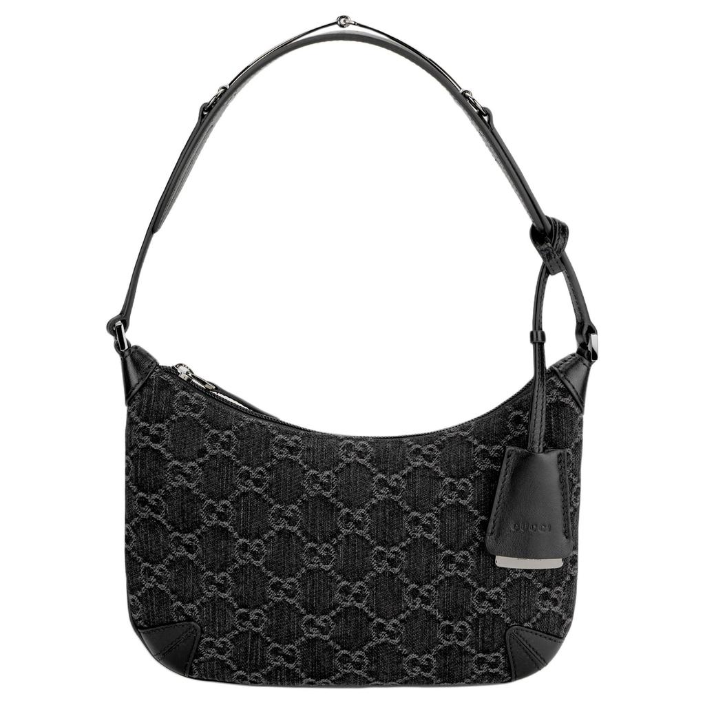Gucci Horsebit Slim Series Double G Logo Zipper Closure Denim And Leather Trim Handbag Small Women handbags Black Gray 774719-FACZ1-4952