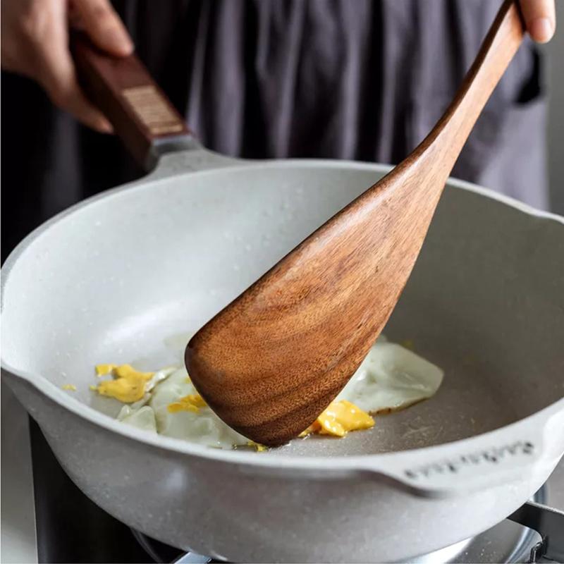 Деревянные лопатки из тика Кухонные принадлежности Инструмент для готовки Экологичная деревянная лопатка для посуды с антипригарным покрытием