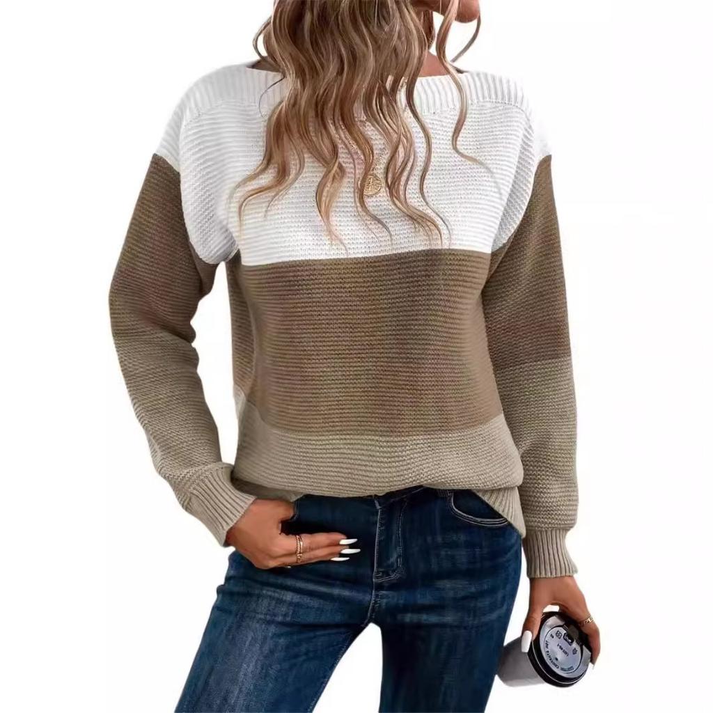 Autumn and Winter Knitted Sweater Women's Contrasting Color Spliced Round Neck Long Sleeved Pullover Top