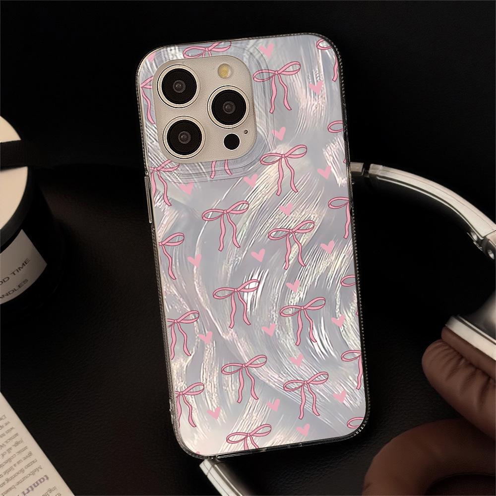 Чехол для телефона в девичьем стиле с бантом и надписью Love для iPhone 17 Pro 15 16 14 13 12 11 Pro Max 17e 16e 8 7 Plus XR XS X Серебристый Мягкий Ударопрочный Чехол
