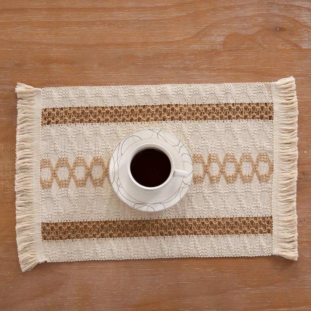 Хлопковые и льняные салфетки Тканевые салфетки с кисточками Двухцветные лоскутные тканые жаккардовые изолированные коврики для чаш Тканевые салфетки