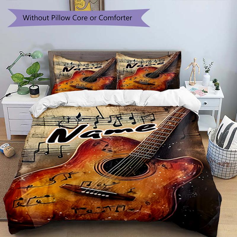 3PC Custom Name Music Notes Guitar Art Bedding Set Duvet Cover Closure Includes 1 Duvet Cover & 2 Pillowcases for Bedroom